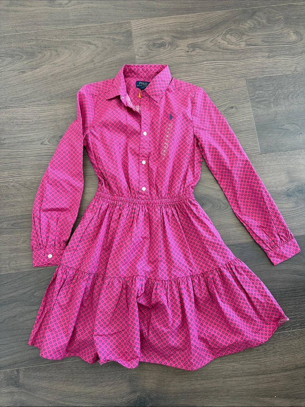 NWT Darling Ralph Lauren Hot Pink Printed Tiered Shirt Dress for Kids - size 12